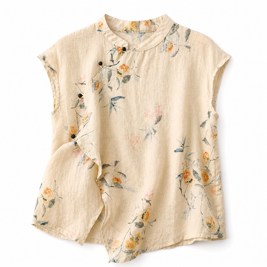 Blusa de mujer de manga corta con estampado floral, cuello mandarín y cierre de botones-Blouse for women-Casaluzia