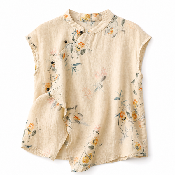 Blusa de mujer de manga corta con estampado floral, cuello mandarín y cierre de botones