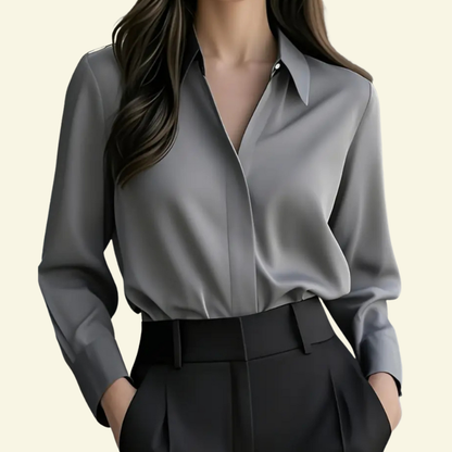 Blusa de mujer de manga larga con cuello puntiagudo y tapeta oculta-Blouse for women-Casaluzia