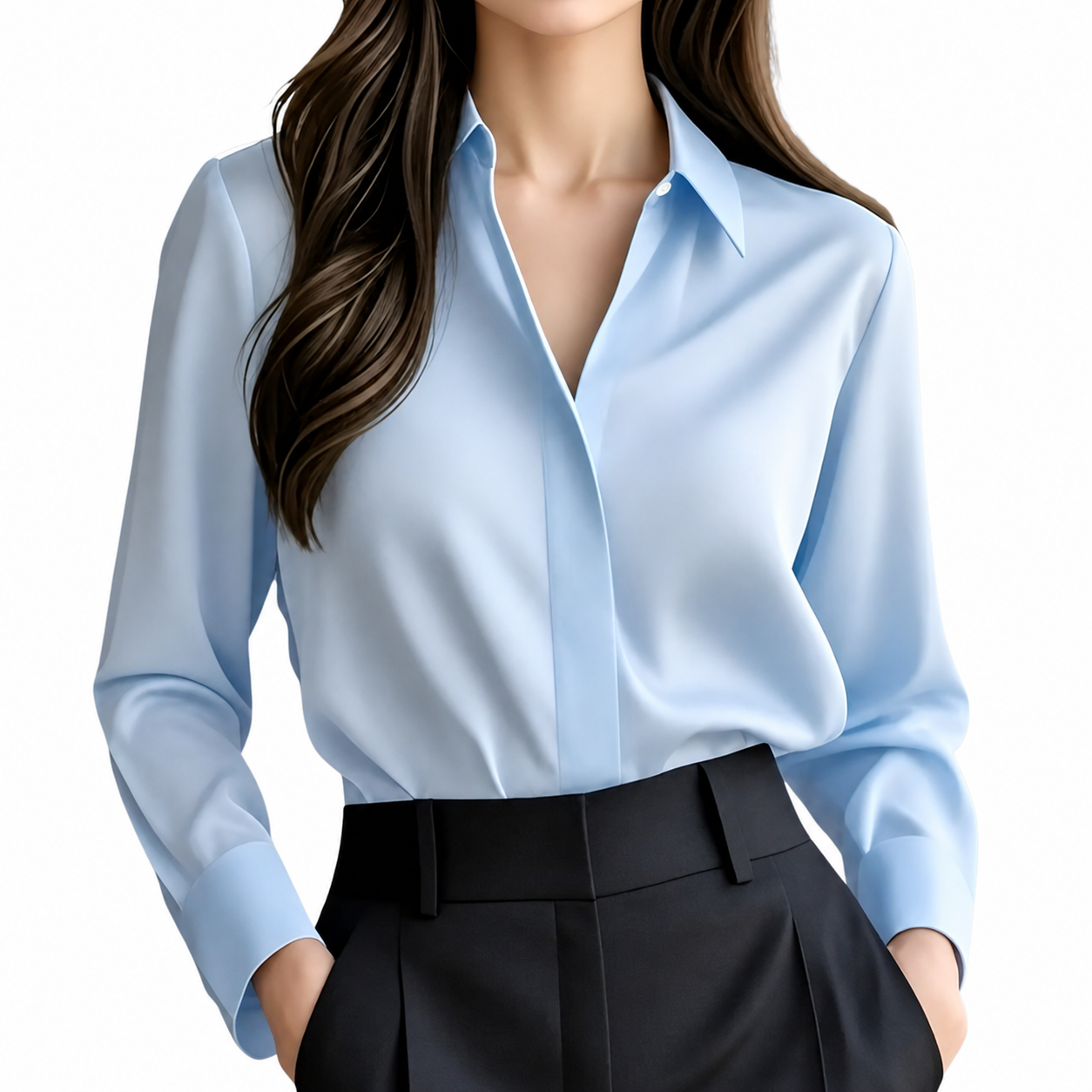 Blusa de mujer de manga larga con cuello puntiagudo y tapeta oculta-Blouse for women-Casaluzia