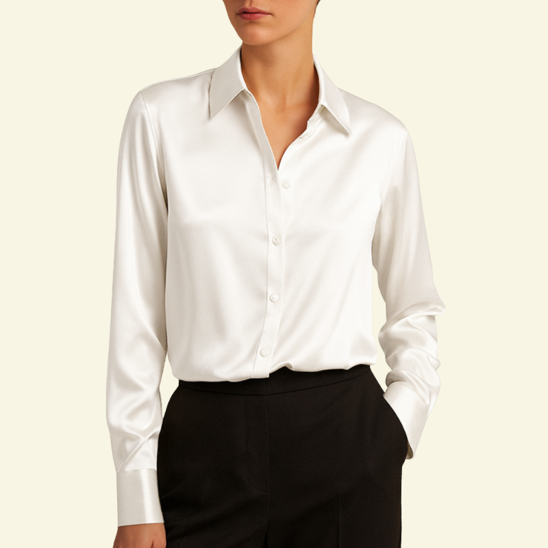 Blusa de mujer de manga larga con cuello y cierre de botones y canesú trasero-Shirts for women-Casaluzia
