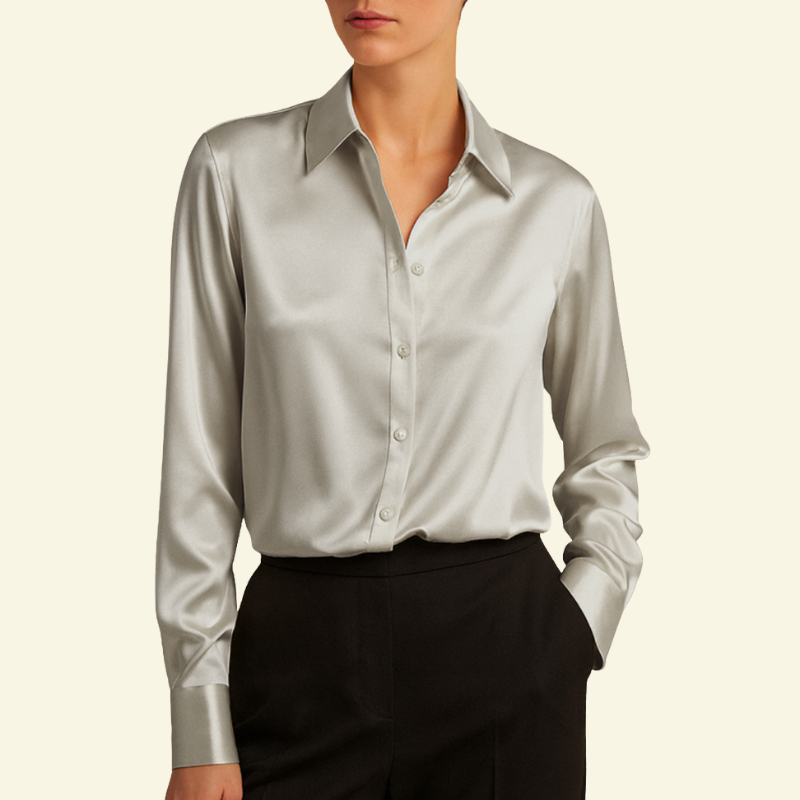 Blusa de mujer de manga larga con cuello y cierre de botones y canesú trasero-Shirts for women-Casaluzia