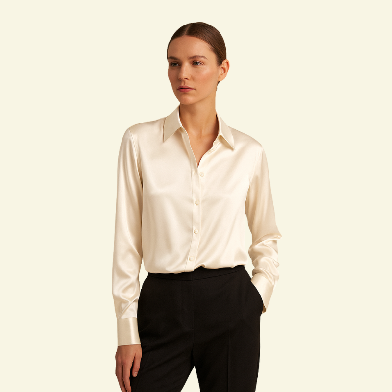 Blusa de mujer de manga larga con cuello y cierre de botones y canesú trasero-Shirts for women-Casaluzia