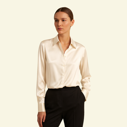 Blusa de mujer de manga larga con cuello y cierre de botones y canesú trasero-Shirts for women-Casaluzia
