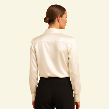 Blusa de mujer de manga larga con cuello y cierre de botones y canesú trasero-Shirts for women-Casaluzia