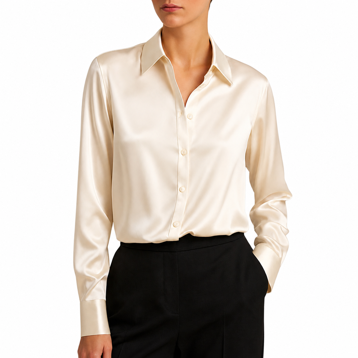 Blusa de mujer de manga larga con cuello y cierre de botones y canesú trasero-Shirts for women-Casaluzia