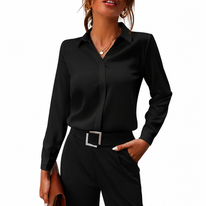 Blusa de mujer de manga larga con cuello y cierre frontal oculto con botones-Shirts for women-Casaluzia