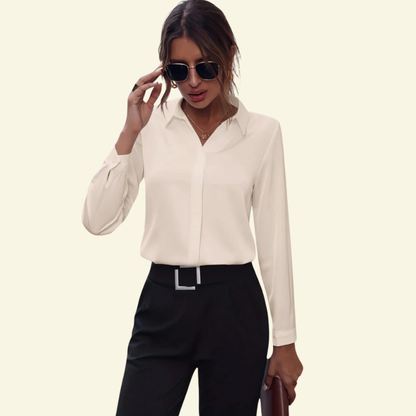 Blusa de mujer de manga larga con cuello y cierre frontal oculto con botones-Shirts for women-Casaluzia