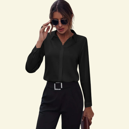 Blusa de mujer de manga larga con cuello y cierre frontal oculto con botones-Shirts for women-Casaluzia