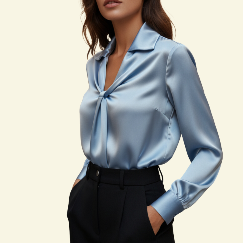Blusa de mujer de manga larga con cuello y detalle drapeado frontal-Blouse for women-Casaluzia