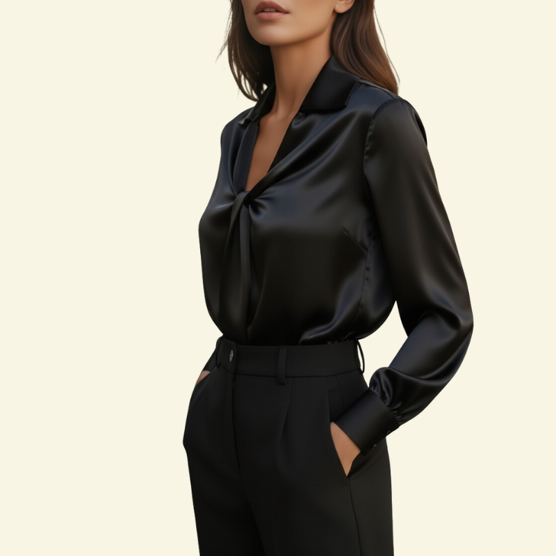 Blusa de mujer de manga larga con cuello y detalle drapeado frontal-Blouse for women-Casaluzia