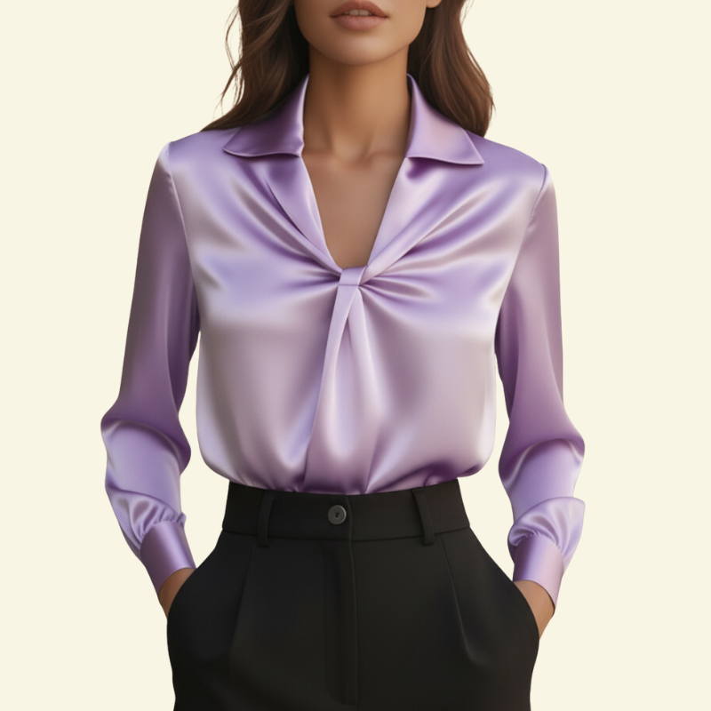 Blusa de mujer de manga larga con cuello y detalle drapeado frontal-Blouse for women-Casaluzia