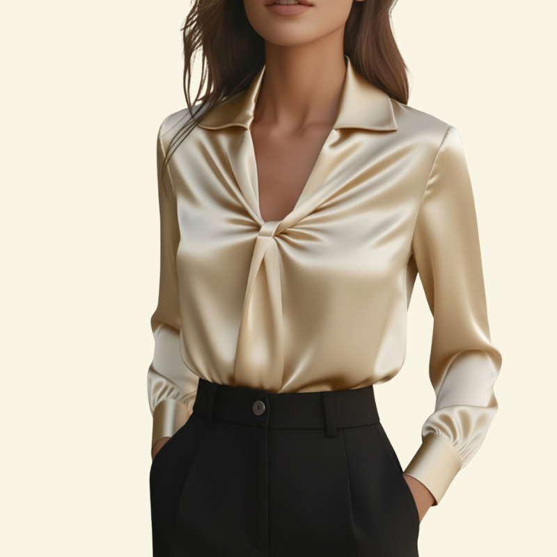 Blusa de mujer de manga larga con cuello y detalle drapeado frontal-Blouse for women-Casaluzia