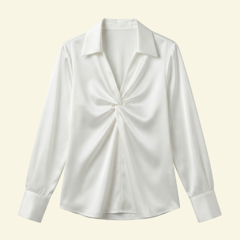 Blusa de mujer de manga larga con cuello y detalle drapeado frontal-Blouse for women-Casaluzia