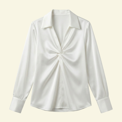 Blusa de mujer de manga larga con cuello y detalle drapeado frontal-Blouse for women-Casaluzia