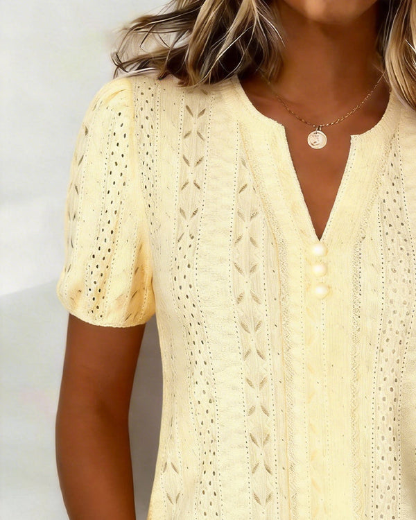 Blusa de punto con cuello en V y mangas abullonadas para mujer-Tops for women-Casaluzia