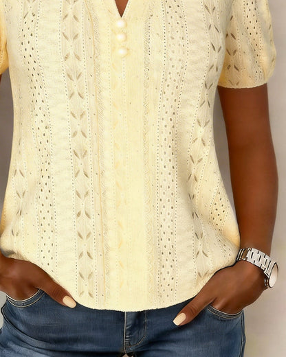 Blusa de punto con cuello en V y mangas abullonadas para mujer-Tops for women-Casaluzia