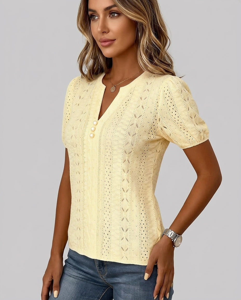Blusa de punto con cuello en V y mangas abullonadas para mujer-Tops for women-Casaluzia