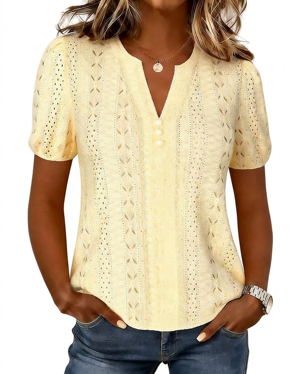 Blusa de punto con cuello en V y mangas abullonadas para mujer-Tops for women-Casaluzia