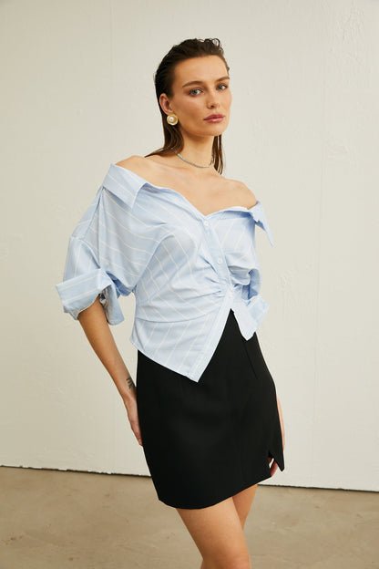 Blusa de rayas con hombros descubiertos y tirantes de cadena para mujer-Blouses for women-Casaluzia