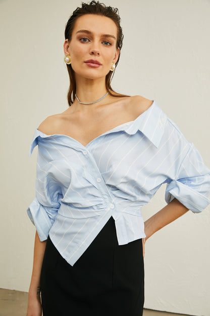 Blusa de rayas con hombros descubiertos y tirantes de cadena para mujer-Blouses for women-Casaluzia