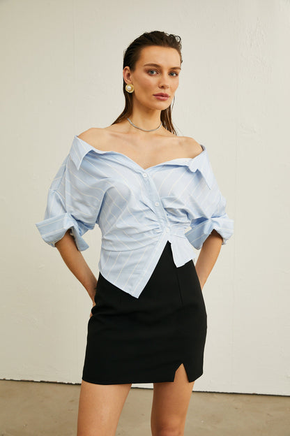 Blusa de rayas con hombros descubiertos y tirantes de cadena para mujer-Blouses for women-Casaluzia