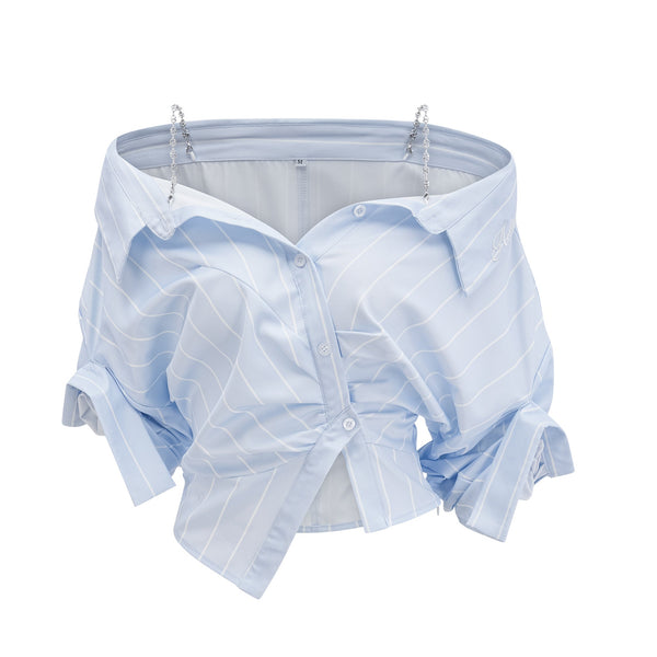 Blusa de rayas con hombros descubiertos y tirantes de cadena para mujer-Blouses for women-Casaluzia
