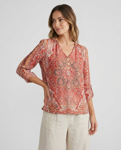 Blusa estampada con cuello en V y botones frontales para mujer-Blouses for women-Casaluzia