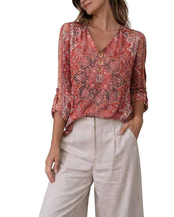 Blusa estampada con cuello en V y botones frontales para mujer-Blouses for women-Casaluzia