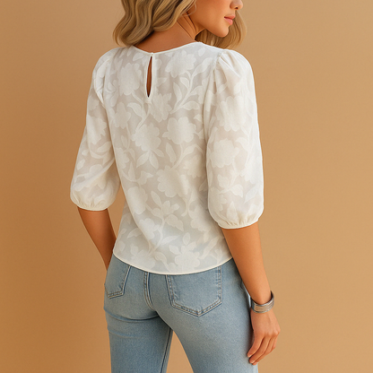 Blusa floral para mujer con mangas abullonadas y cuello redondo-Blouses for women-Casaluzia