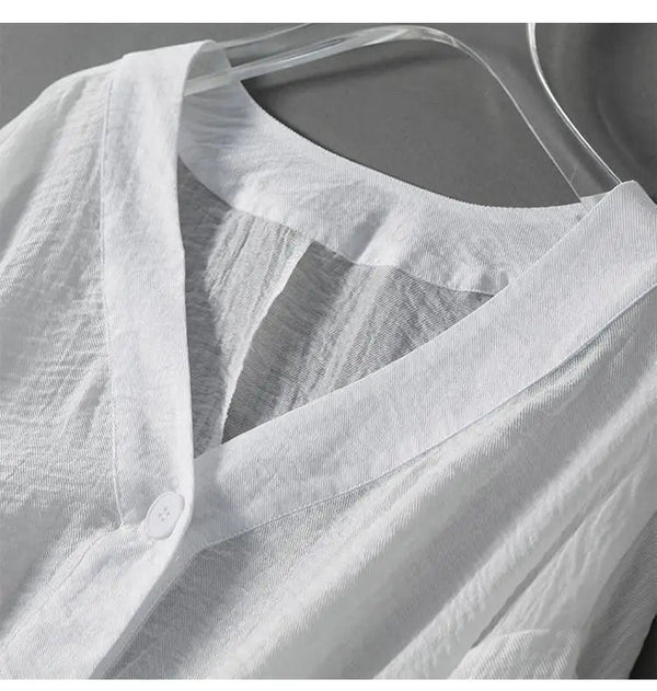 Blusa texturizada con cuello en V y botones para mujer-Blouses for women-Casaluzia