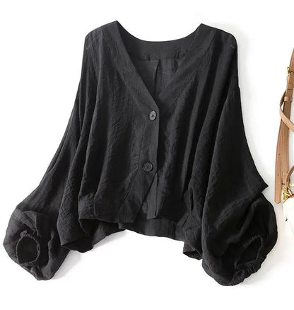 Blusa texturizada con cuello en V y botones para mujer-Blouses for women-Casaluzia