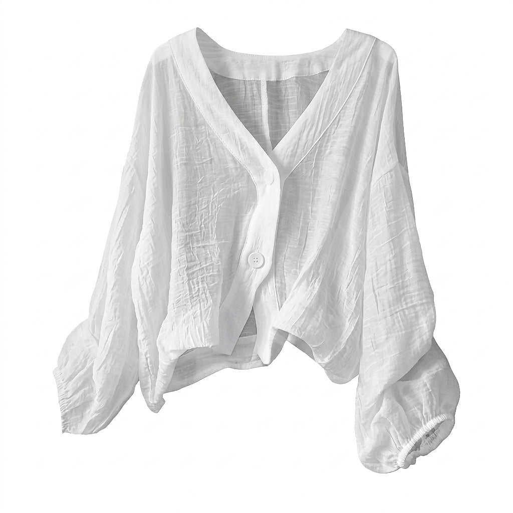 Blusa texturizada con cuello en V y botones para mujer-Blouses for women-Casaluzia