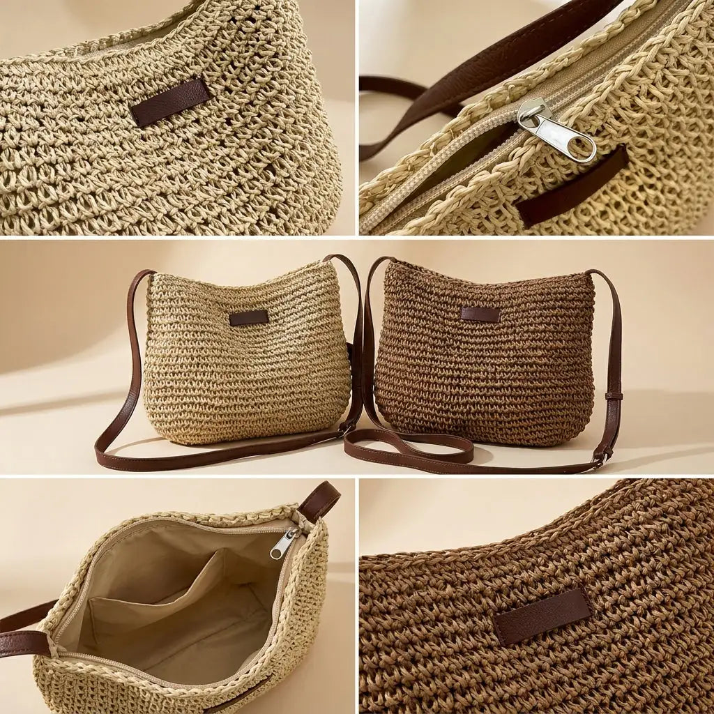 Bolso de hombro de paja tejida para mujer-Accessories for Women-Casaluzia