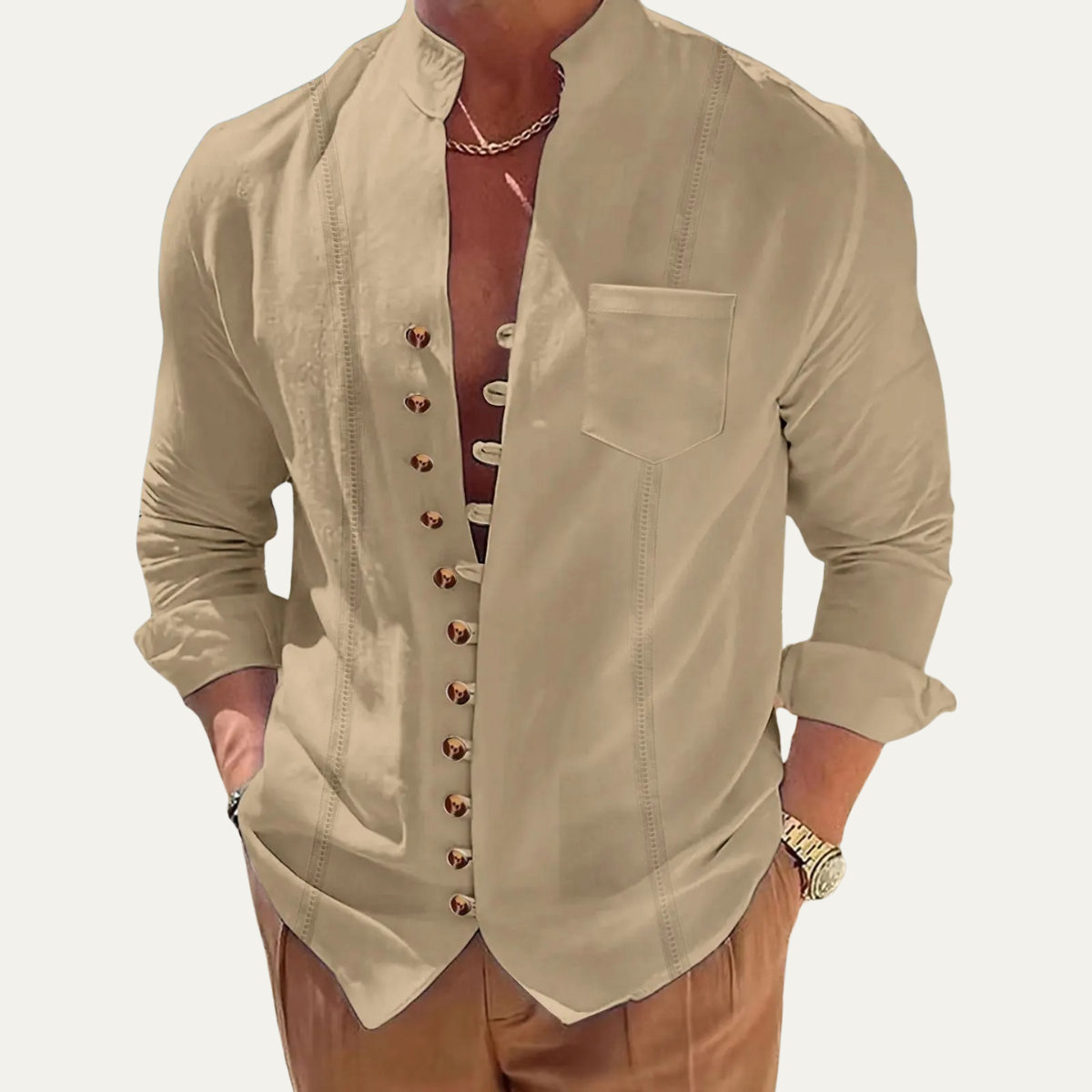 Camisa de hombre con cuello mao y botones múltiples-Shirts for men-Casaluzia