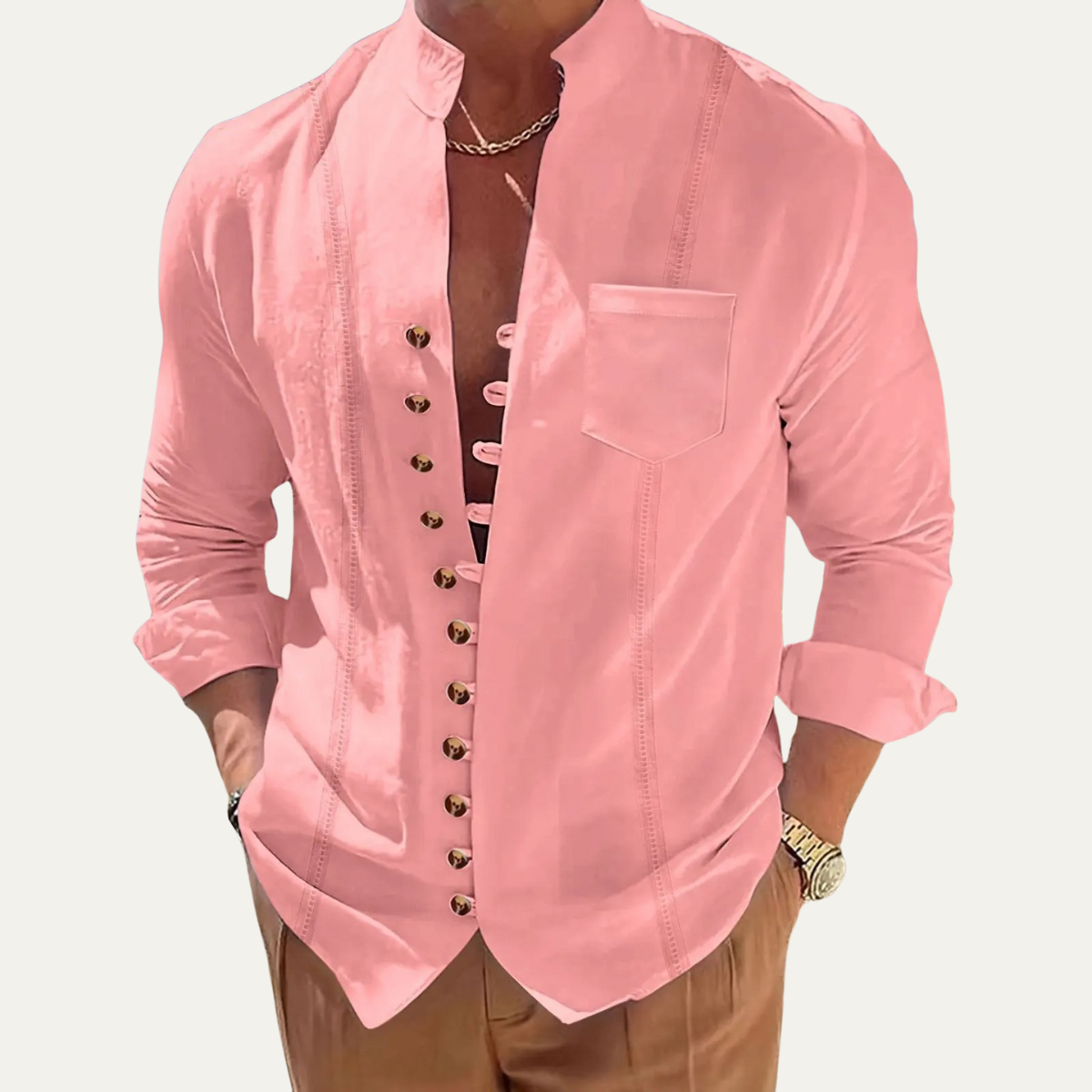 Camisa de hombre con cuello mao y botones múltiples-Shirts for men-Casaluzia