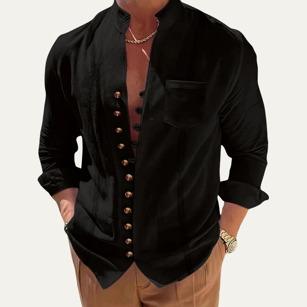 Camisa de hombre con cuello mao y botones múltiples-Shirts for men-Casaluzia