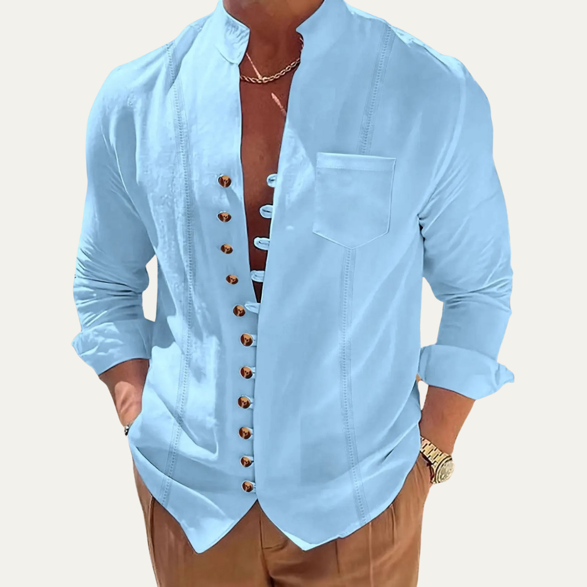 Camisa de hombre con cuello mao y botones múltiples-Shirts for men-Casaluzia