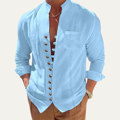 Camisa de hombre con cuello mao y botones múltiples-Shirts for men-Casaluzia
