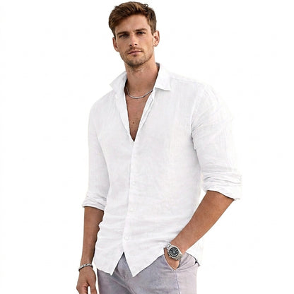 Camisa de hombre de lino con manga larga y cuello abierto-Shirt for men-Casaluzia