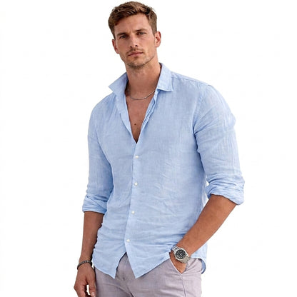 Camisa de hombre de lino con manga larga y cuello abierto-Shirt for men-Casaluzia