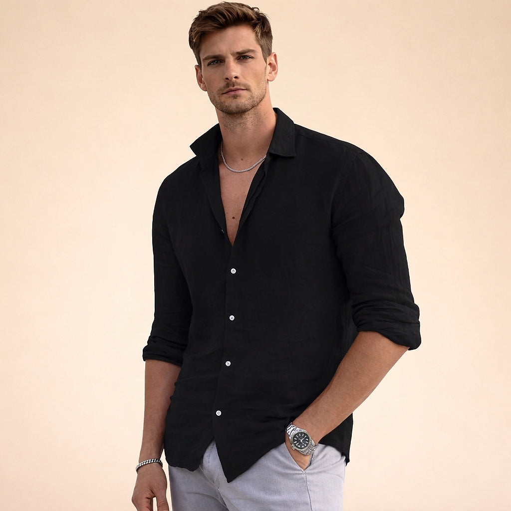 Camisa de hombre de lino con manga larga y cuello abierto-Shirt for men-Casaluzia