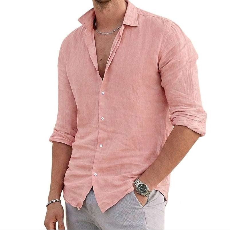 Camisa de hombre de lino con manga larga y cuello abierto-Shirt for men-Casaluzia