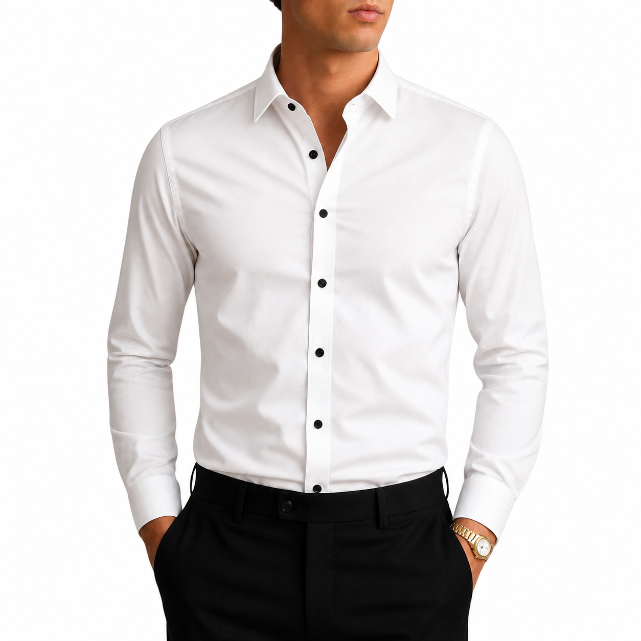 Camisa de hombre de manga larga con cuello y cierre de botones con botones contrastantes-Shirts for men-Casaluzia