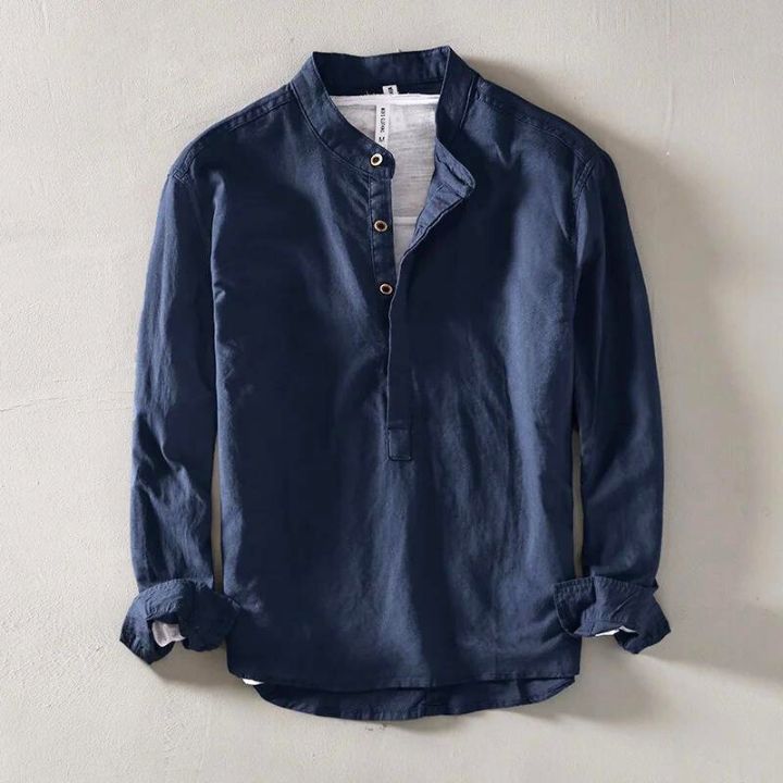 Camisa de lino con cuello mao para hombre-Shirts for men-Casaluzia