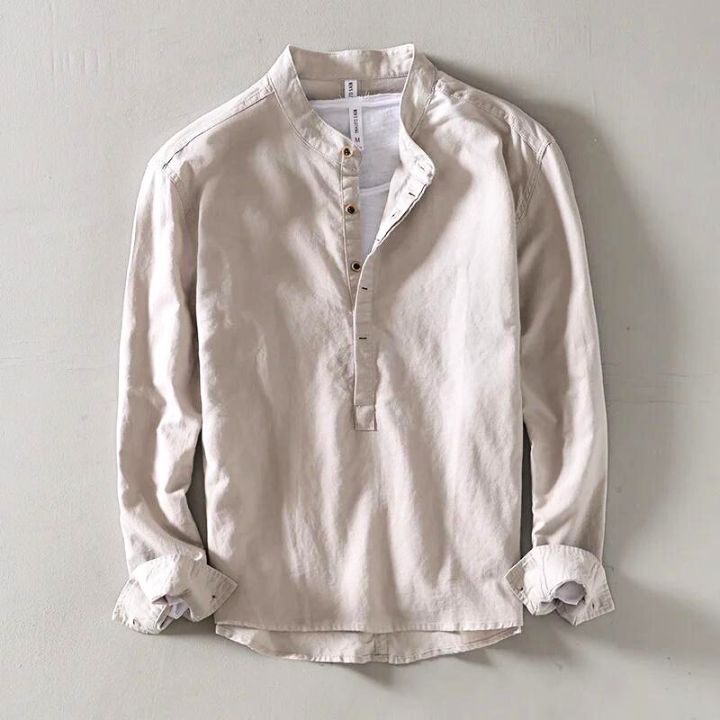 Camisa de lino con cuello mao para hombre-Shirts for men-Casaluzia