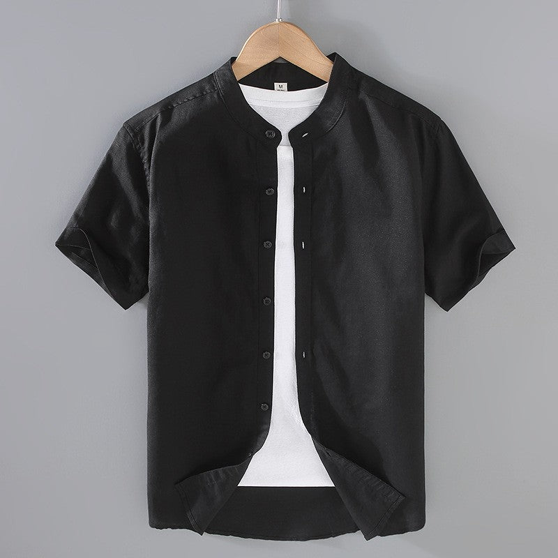 Camisa de lino de manga corta con cuello mandarín para hombre-Shirts for men-Casaluzia