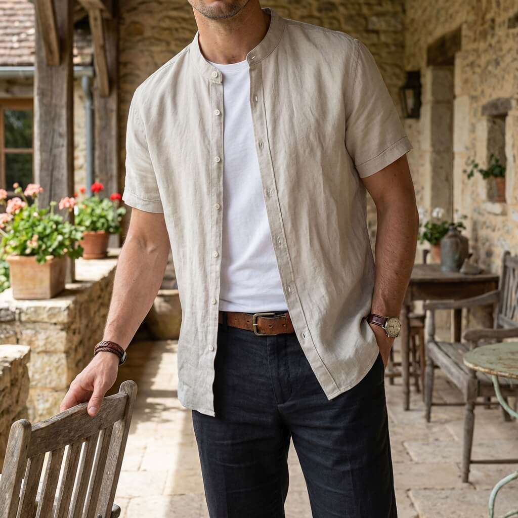 Camisa de lino de manga corta con cuello mandarín para hombre-Shirts for men-Casaluzia