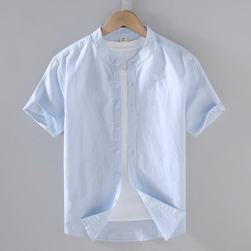 Camisa de lino de manga corta con cuello mandarín para hombre-Shirts for men-Casaluzia