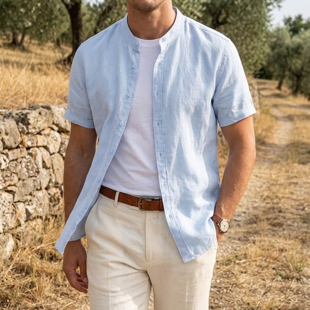 Camisa de lino de manga corta con cuello mandarín para hombre-Shirts for men-Casaluzia